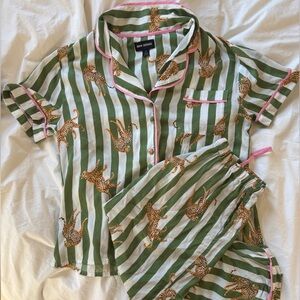 Room Service / Nordstrom Green Stripe Pajamas Set with Leopard Print